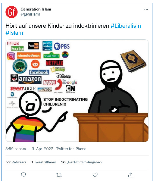 Instagram-Post von Generation Islam: Eine Figur mit Regenbogen-T-Shirt fordert von einem Imam, die Indoktrinierung von Kindern zu unterlassen - über der Figur mit Regenbogen-Shirt schweben die Figuren zahlreicher westlicher Marken und auch das Antifa-Logo