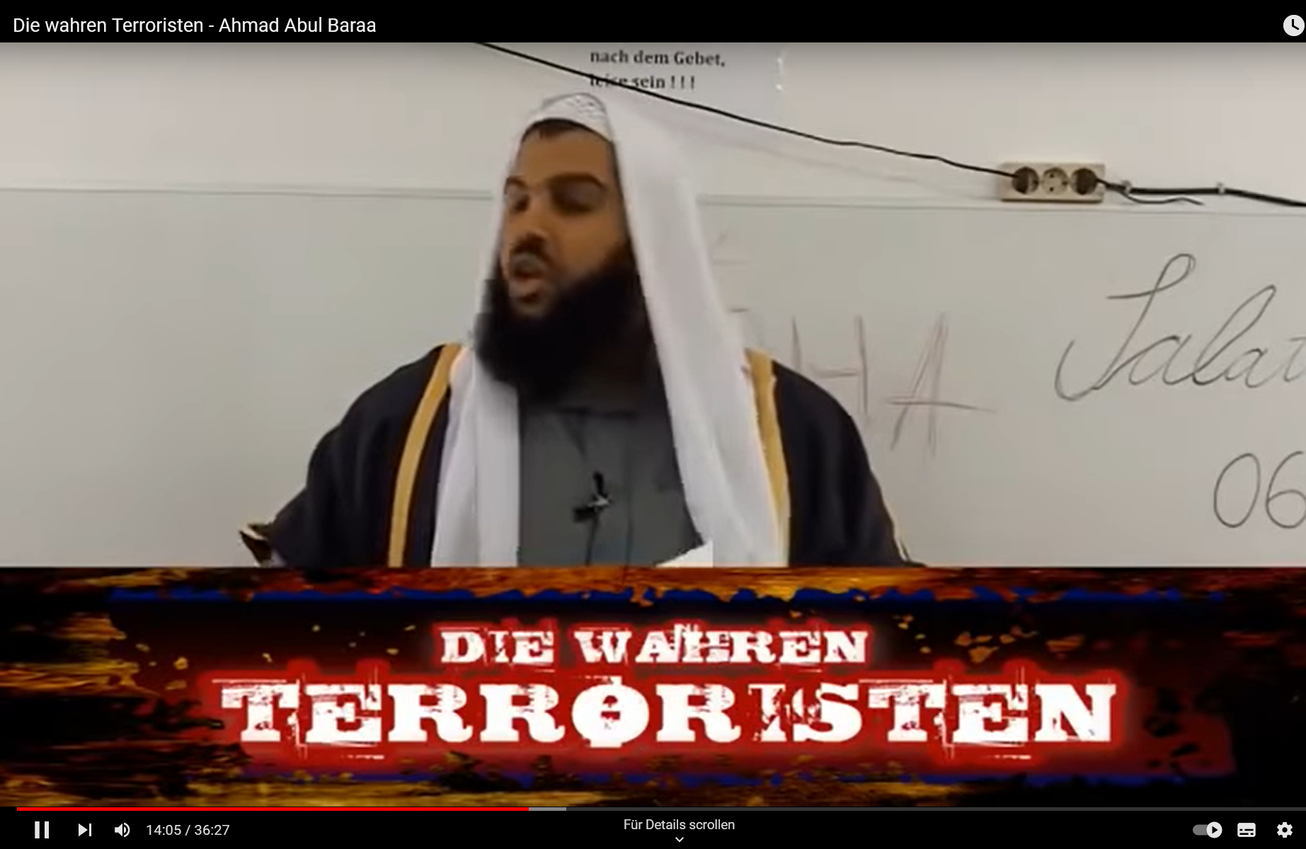 Screenshot aus dem Video »Die wahren Terroristen« von Ahmad Abul Baraa, der den Prediger zeigt