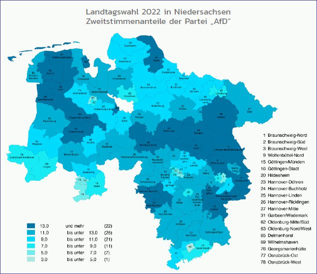 Grafik: Niedersachsen-Karte mit den Zweitstimmenanteilen der AfD (Wahlkreise