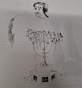 Israels ehemalige Ministerpräsidentin Golda Meir über einer schlangenköpfigen Menora