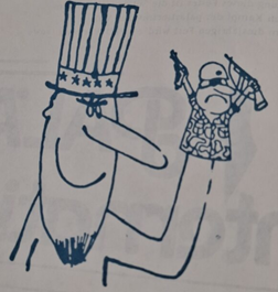 Parodierte Zeichnung der US-Nationalfigur Uncle Sam, der eine Soldaten-Handpuppe trägt
